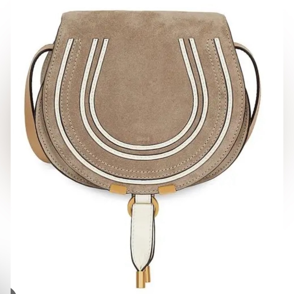 CHLOE Mini Marcie Bi-Color Suede Saddle Bag - Motty Grey - Made in Spain